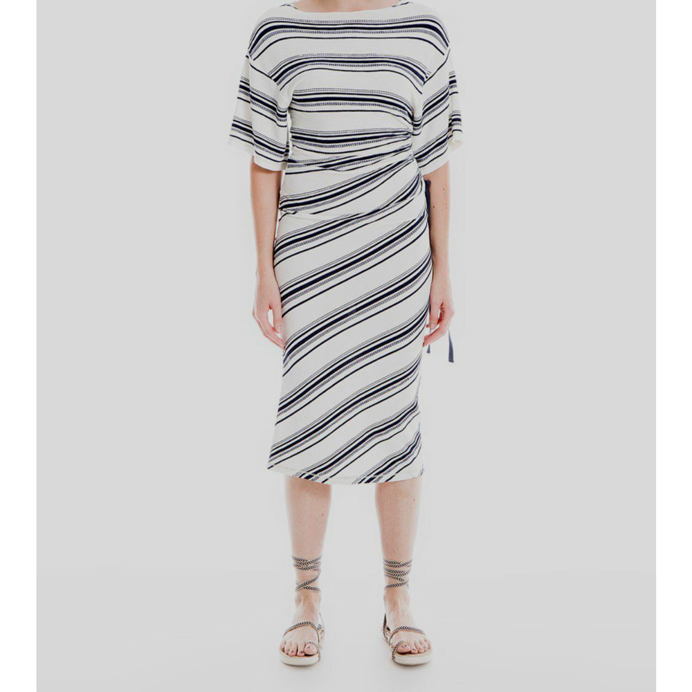 Max Studio Women Large Dress White Short Sleeve Stretch Stripe Sheath Midi